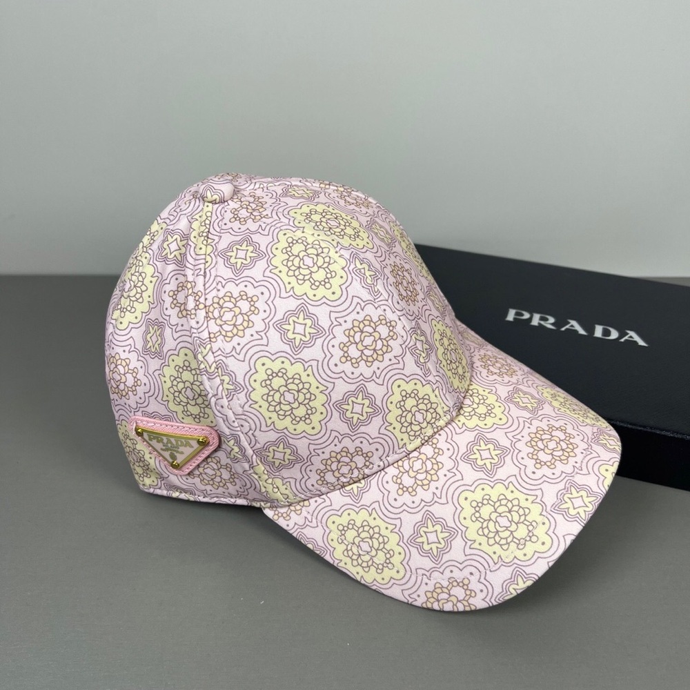 💓💞Prada Light Pink Floral Print Baseball Cap with Triangle Logo Plate